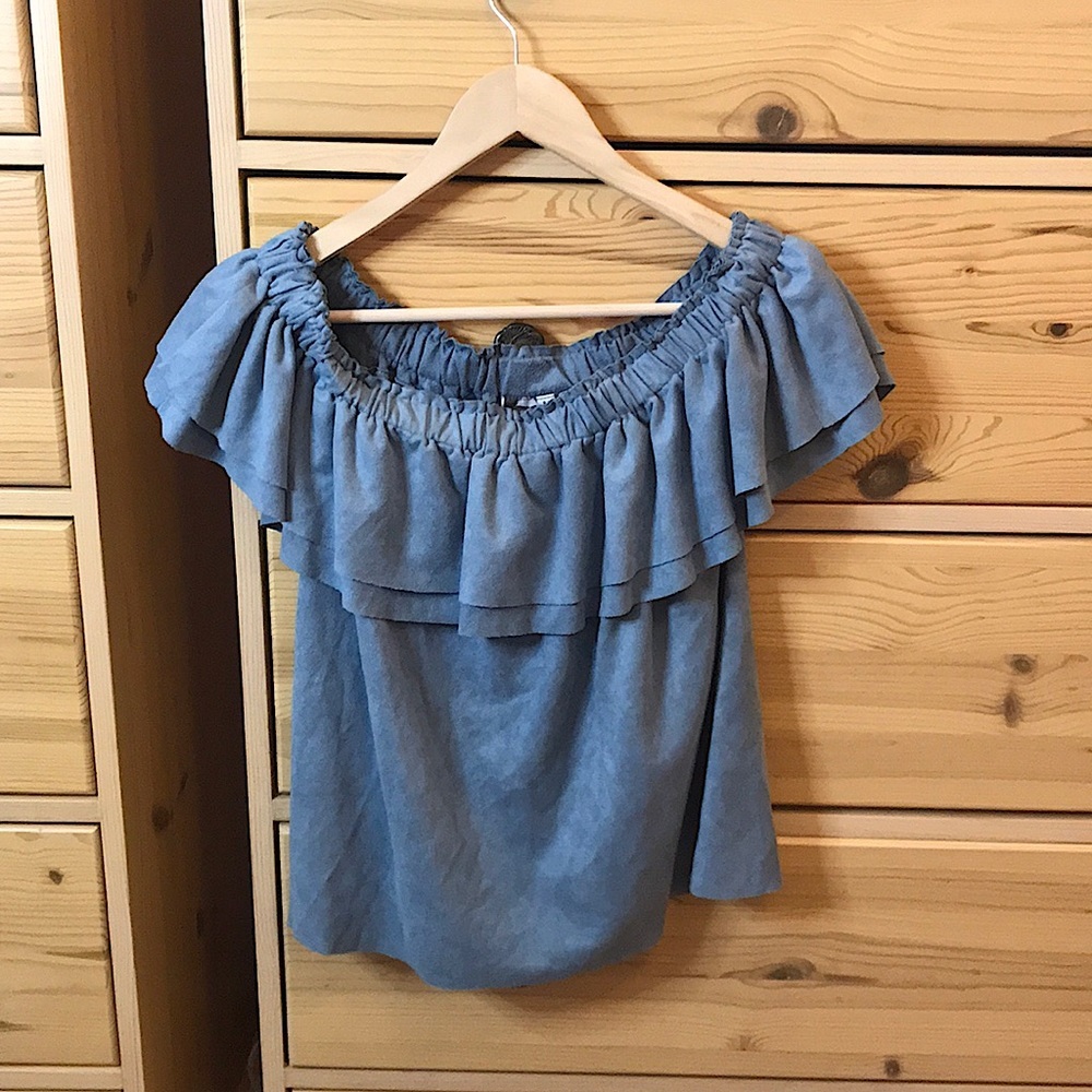 Young Fabulous & Broke Blue Faux Suede Off the Shoulder Top Size Medium